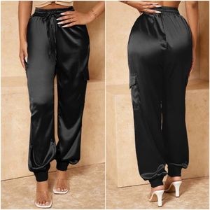 Plus Black Satin Jogger Trouser Pants